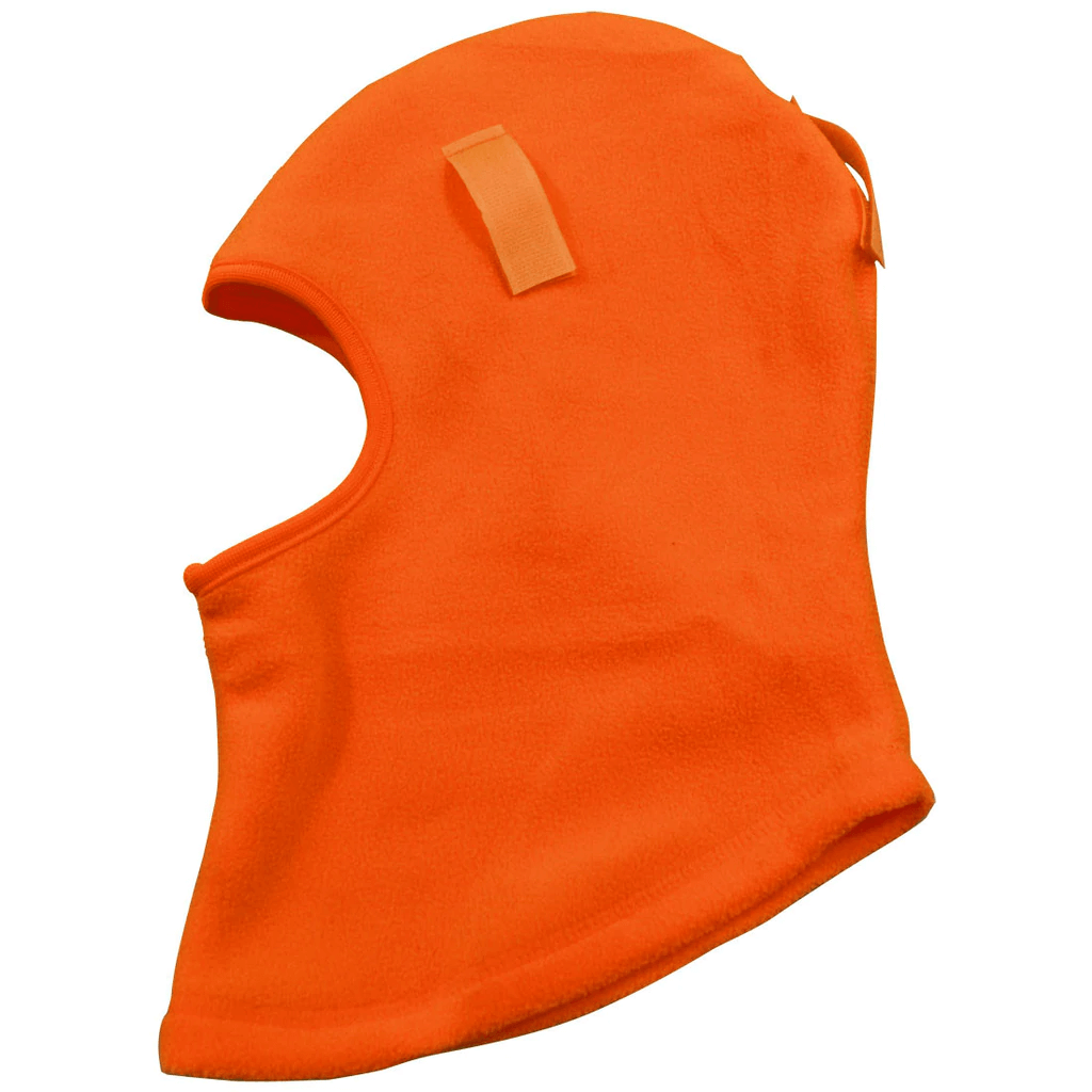 Orange fleece balaclava with face opening.