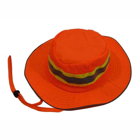 Orange safety hat with reflective stripes.