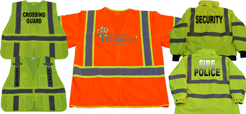 Reflective safety vests and jackets with labels.