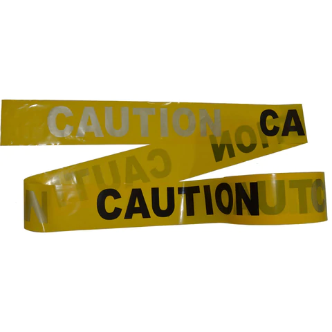 Yellow caution tape with black lettering.