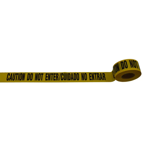Yellow caution tape with bilingual warning text.