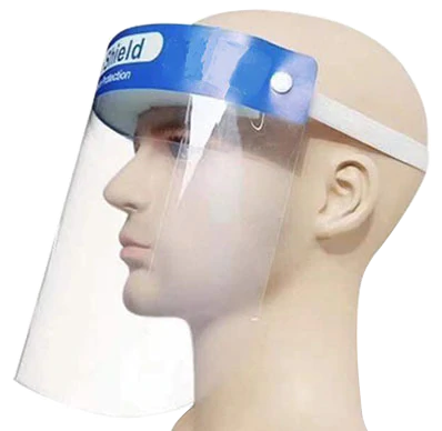 Mannequin wearing a clear face shield.