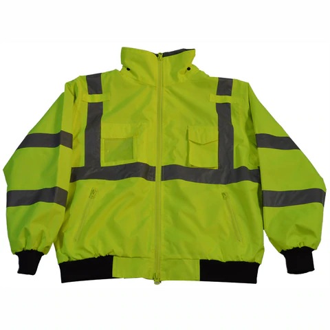Yellow reflective safety jacket with black accents.