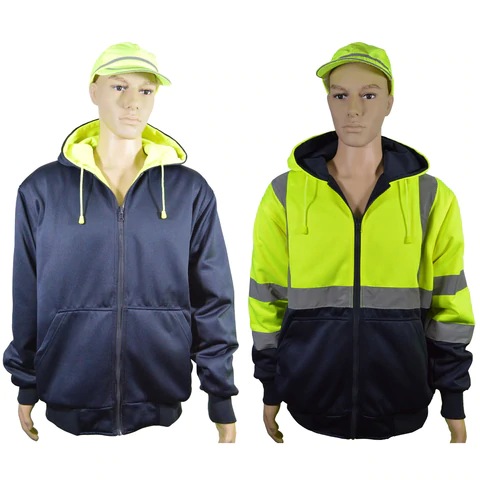 Mannequins wearing reflective jackets and caps.