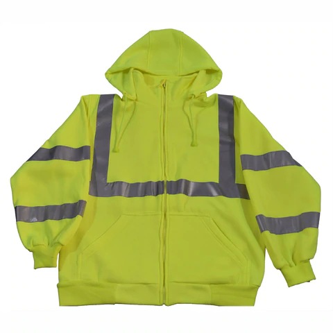 Yellow safety hoodie with reflective stripes.