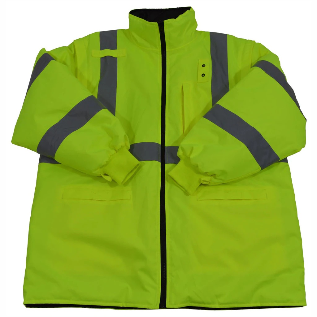 Bright yellow safety jacket with reflective stripes.
