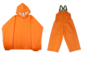 Orange raincoat and overalls on black background.