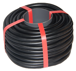 Coiled black hose with red straps.