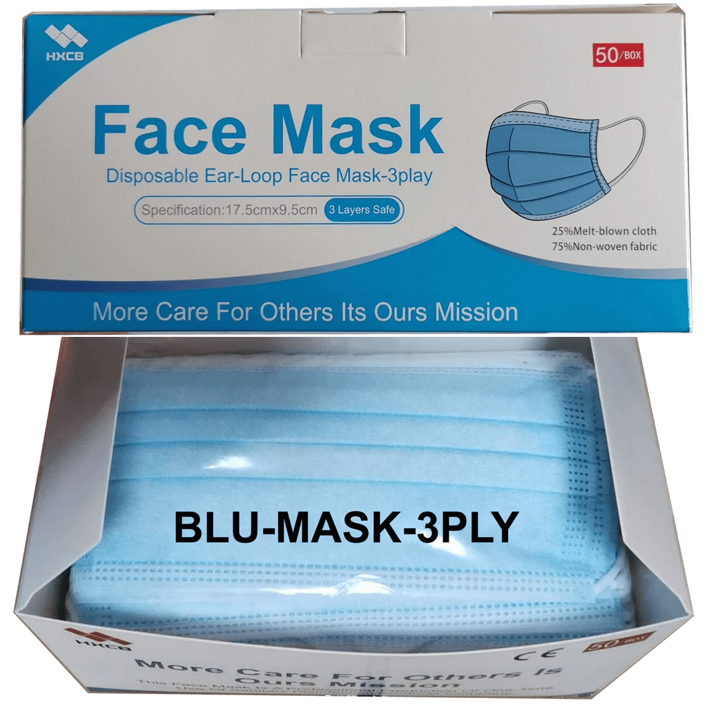 Blue disposable face masks in box.