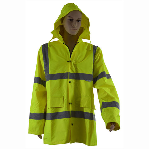 Mannequin wearing yellow reflective rain jacket.