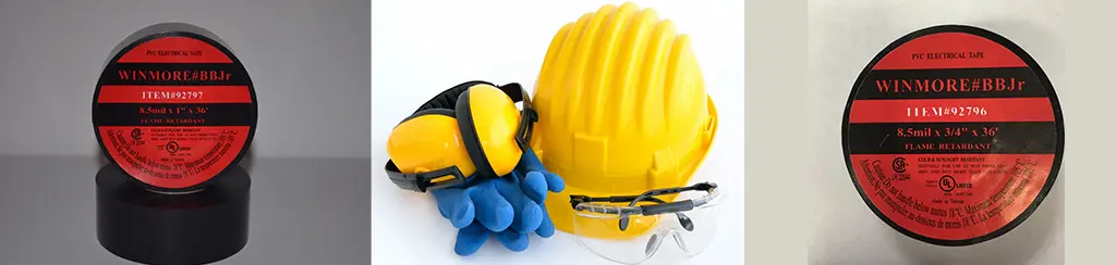 Black electrical tape, hard hat, gloves, and safety glasses.